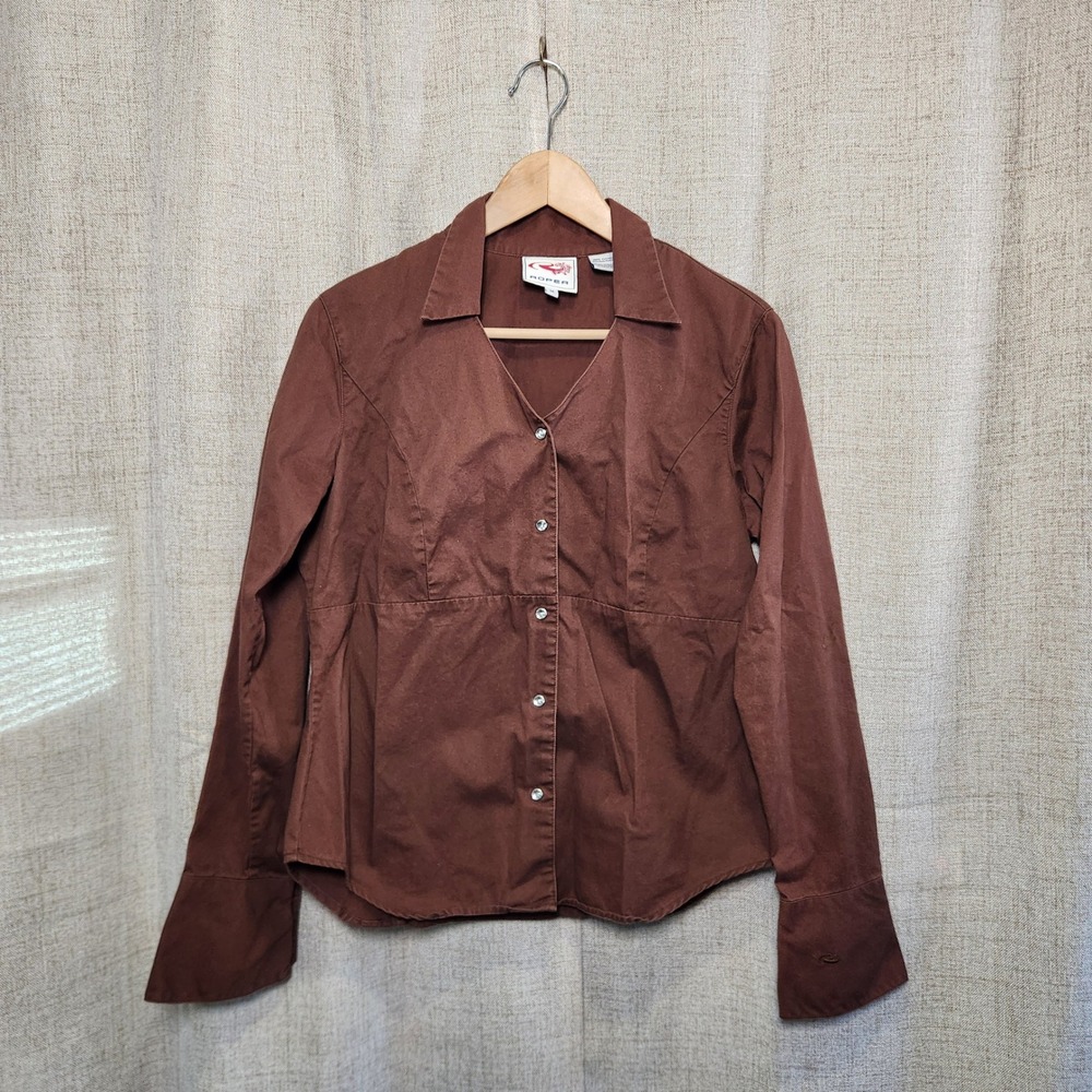 Roper Button‎ Up Blouse Women's M Brown Snap Button V-Neck Collar Fitted Western